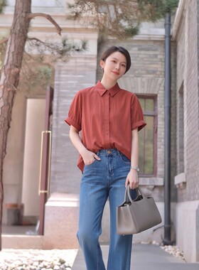 衣莎美诺夏休闲天丝短袖衬衫女修身翻领上衣中长款红色Y498B7602