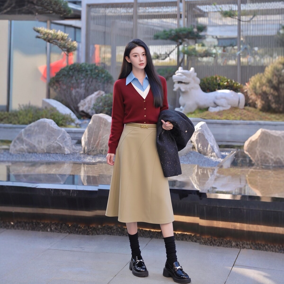 春款休闲极简中长A字半身裙图片