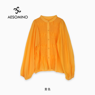 上衣Y684C5018 文艺压褶长袖 复古圆领衬衫 衬衣女春夏新款