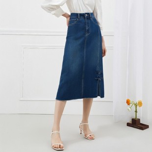 半身裙Y062C9958 衣莎美诺气质弹力蓝色牛仔布牛仔裙纯棉中长款