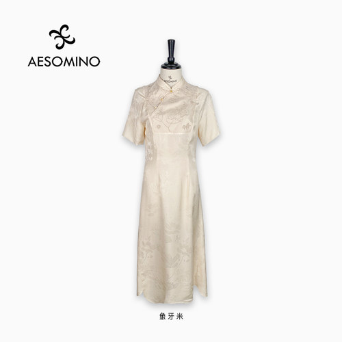 【特卖】真丝桑蚕丝新中式连衣裙象牙米Y403B2251
