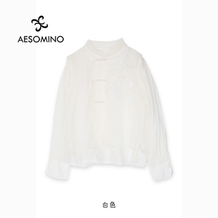 新中式 假两件上衣女薄纱天丝立领上衣Y684C5183 国风刺绣衬衫