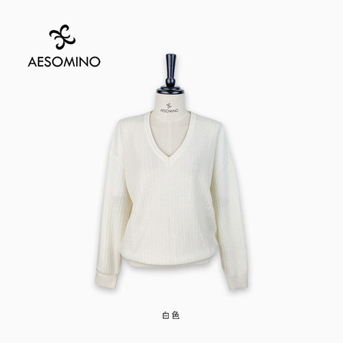 【特卖】nqt冬V领针织衫白色Y528D9725休闲显瘦简约套头针织衫