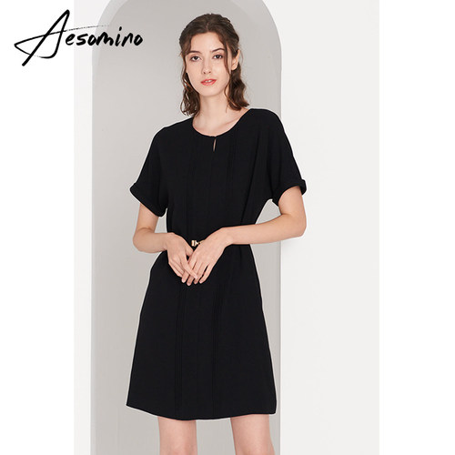 AESOMINO衣莎美诺夏醋酸小黑裙连衣裙黑色62103201