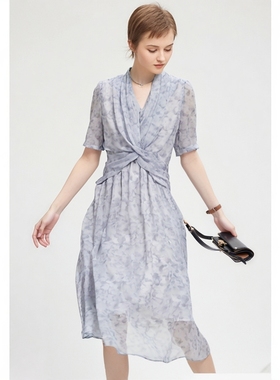 衣莎美诺夏短袖碎花连衣裙时尚百搭优雅修身显瘦紫色Y583B0310