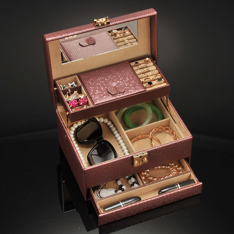 俪丽首饰盒收纳盒耳饰耳环手镯戒指饰品盒多层收纳带锁