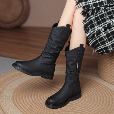 半筒马丁靴女2024新款春秋季爆款平底中筒靴冬加绒配裙子的短靴子
