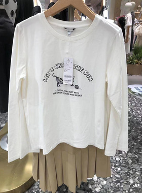 lagogo 拉谷谷2025年春装新款圆领打底外穿长袖白色卡通印花T恤女