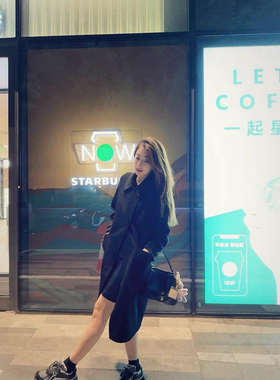 拉谷谷2025年新款黑色秋冬翻领女宽松休闲百搭中长款双面呢大衣