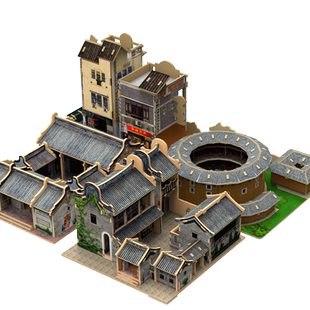 中国传统民居古建筑模型岭南客家围龙屋木质3diy手工拼装立体拼图