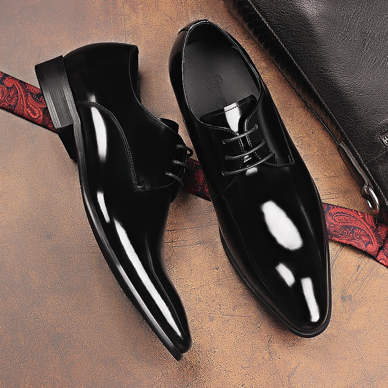 VQGT新款欧美漆皮商务正装皮鞋真皮固特异手工鞋头层牛皮男鞋亮面