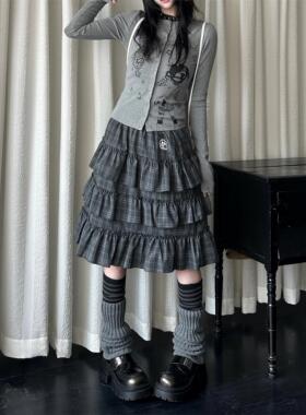 咖喱人春季新款日系复古格子层次感荷叶边蛋糕裙女亚萌Y2K半身裙