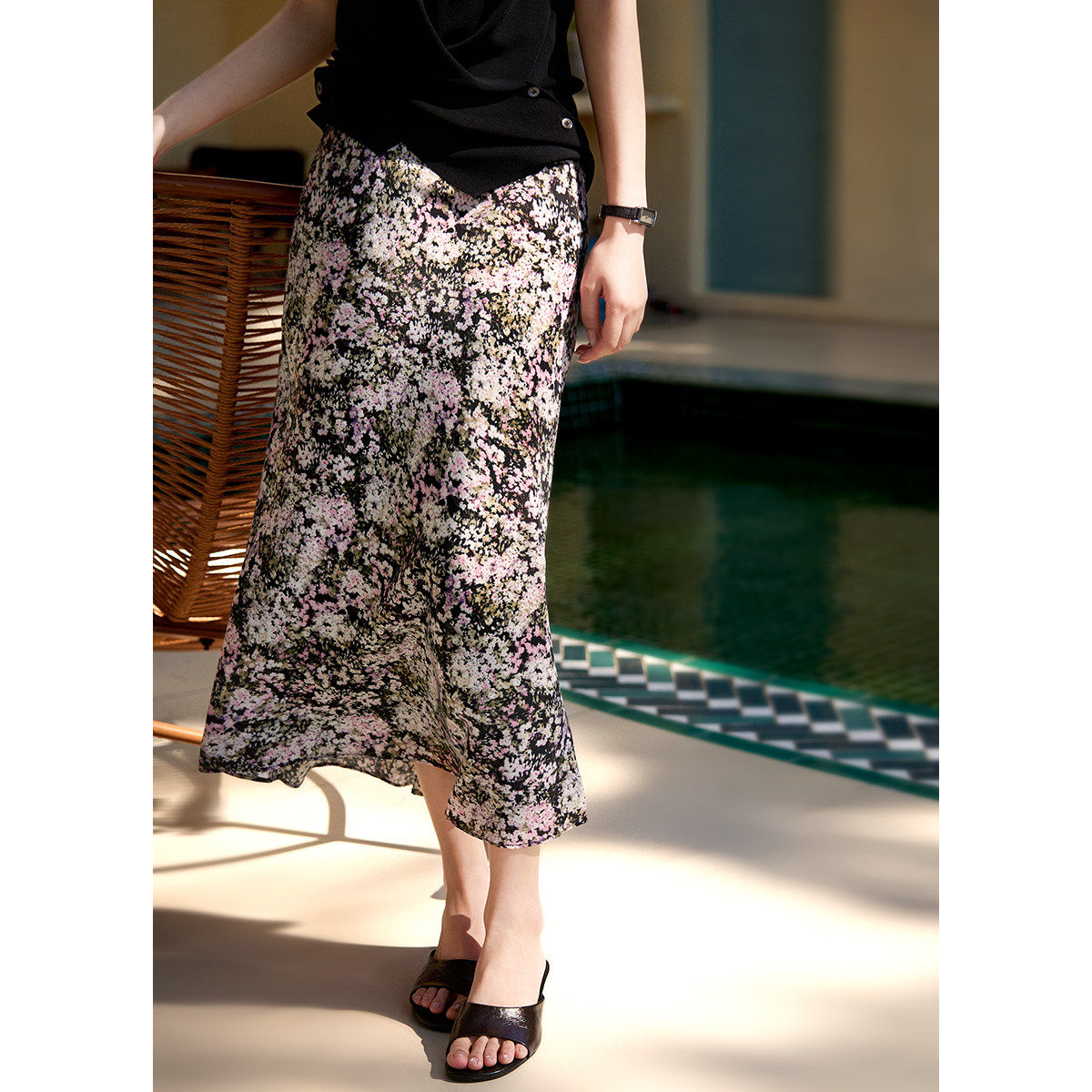 笑涵阁「漫步裙」真丝半裙_桑蚕丝中长碎花半身裙春季新款