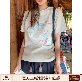 你好卡农 原创字母印花锁链绣短袖t恤女夏季小众宽松显瘦纯棉上衣