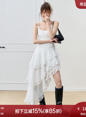 RECOIN R1C白色长裙 收腰A字甜美连衣裙 2025夏季不规则蛋糕裙 聚