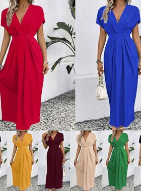 olid color deep V short sleeve long hip dress 时尚纯色连衣裙