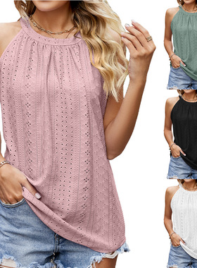 Loose crew neck cutout sleeveless vest halter 纯色圆领背心女
