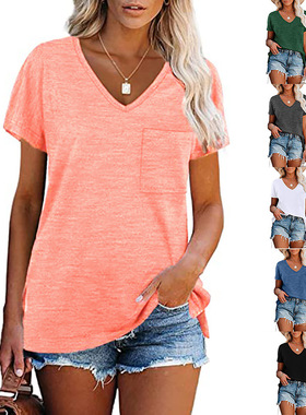 Loose solid color short-sleeved T-shirt woman 纯色宽松V领T恤
