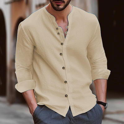 Men's Vintage Casual Long-Sleeved Shirt Loose Solid Color Long-Sleeved Men's Shirt