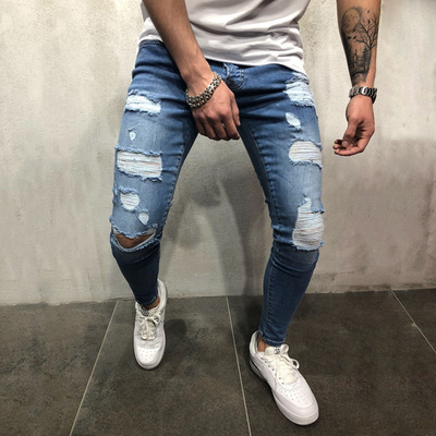 Summer men's slim-fit denim trousers youth ripped jeans