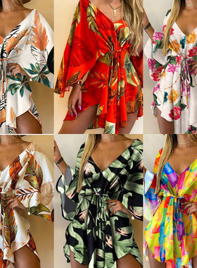 Sexy V-neck print loose irregular lace-up dress 印花连衣裙女