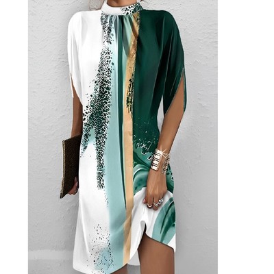 时尚圆领印花短袖宽松连衣裙