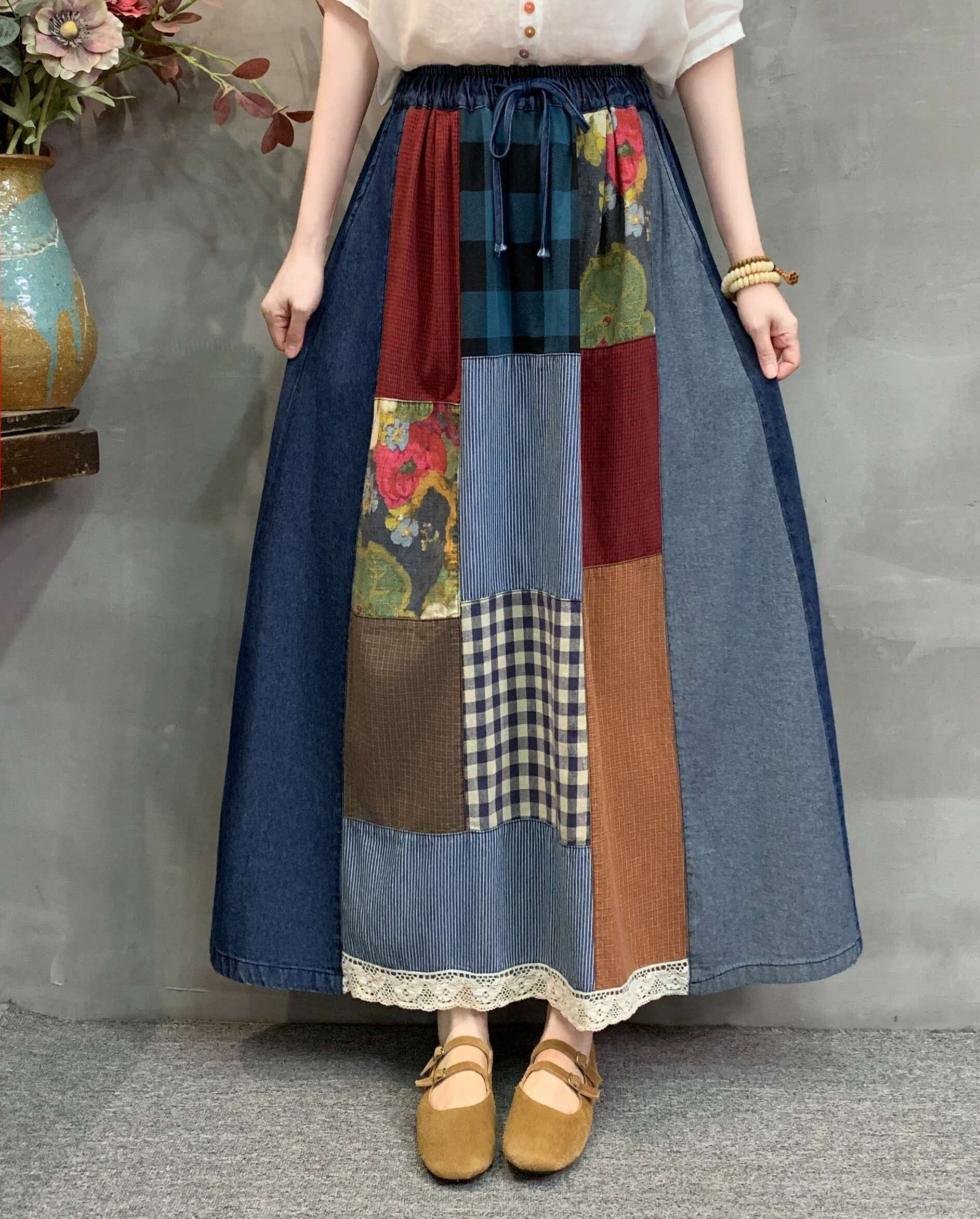韩版大码复古百家布撞色2026春秋新款松紧腰宽松牛仔a字半身裙女