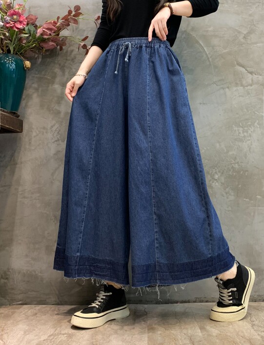 韩版纯色复古牛仔裤女2023秋季新款松紧腰宽松大码百搭休闲阔腿裤