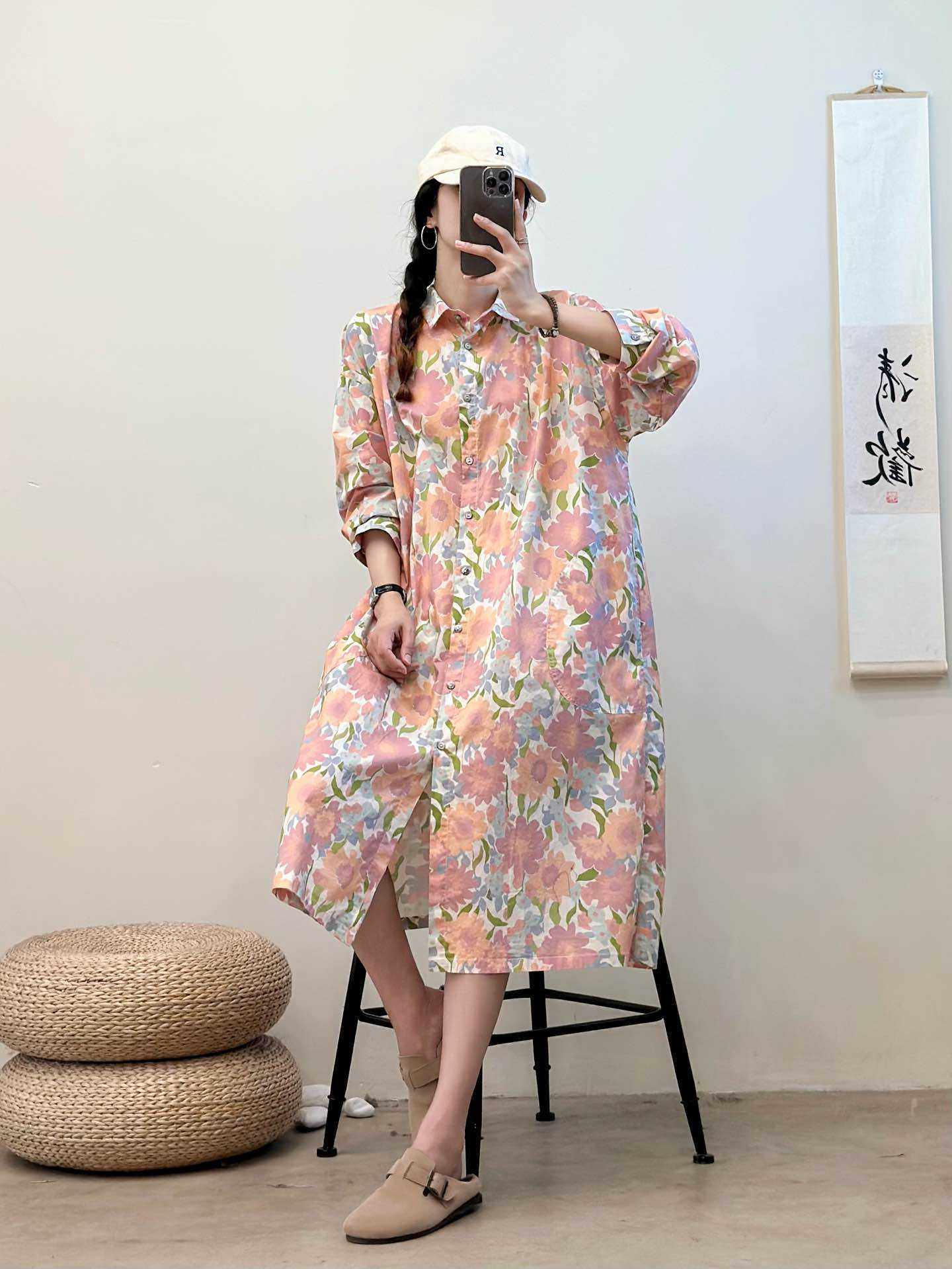 秋季新款日系复古印花长袖单排扣宽松休闲衬衫洋气民族风连衣裙女