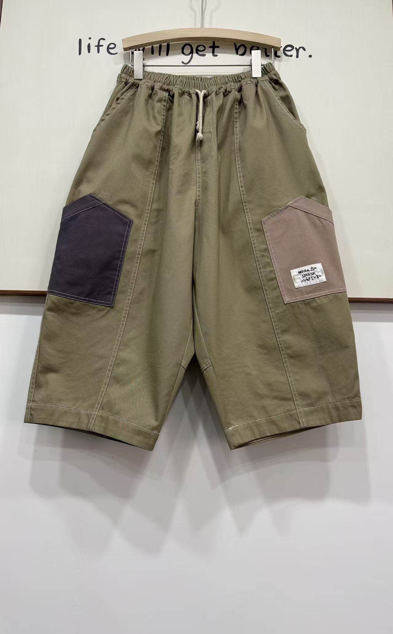 港风大码复古拼色夏季新款松紧腰宽松休闲纯棉工装风个性中裤女潮