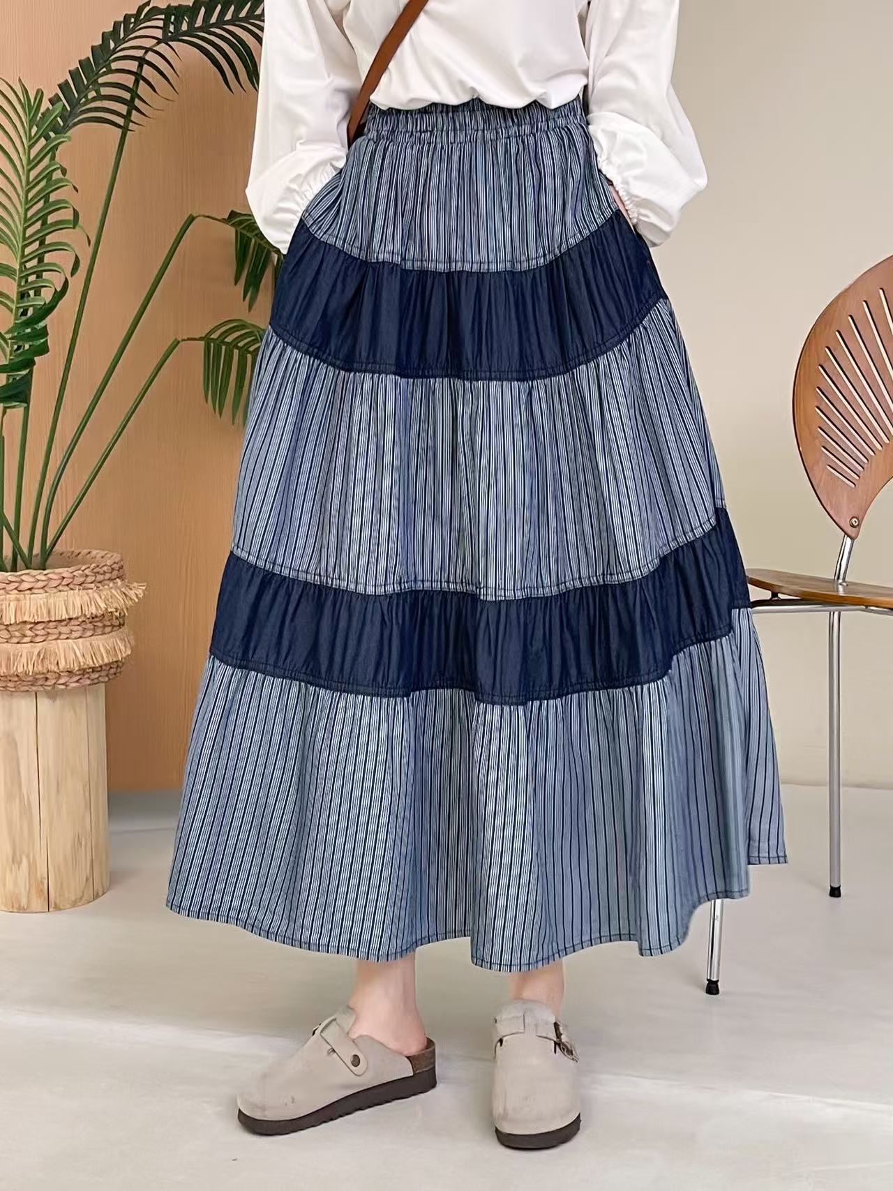 复古拼色2026夏季新款宽松休闲纯棉韩版大码百搭ins半身伞裙潮女