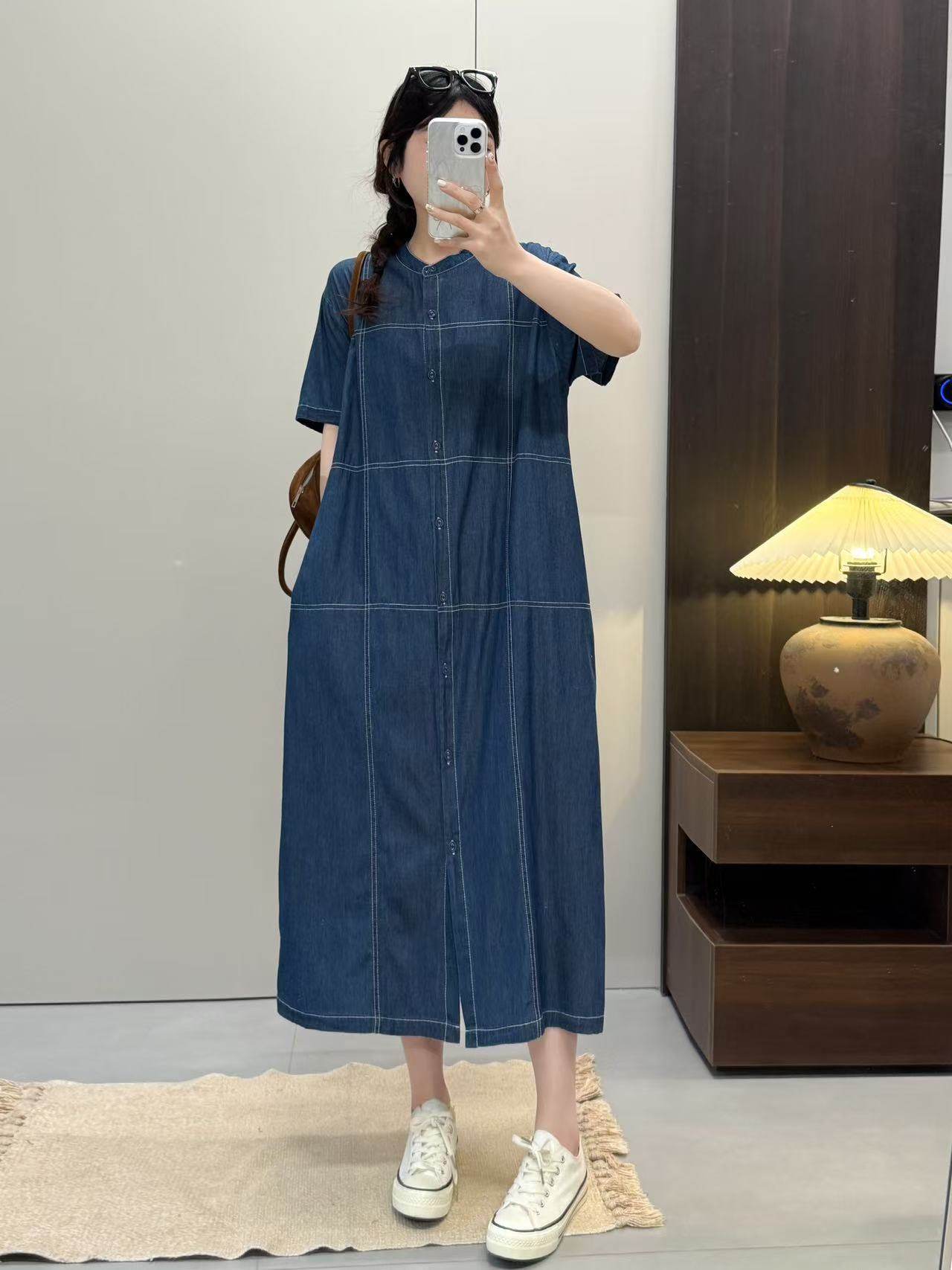 夏季新款日系复古文艺小众设计感宽松显瘦明线休闲牛仔连衣裙女潮