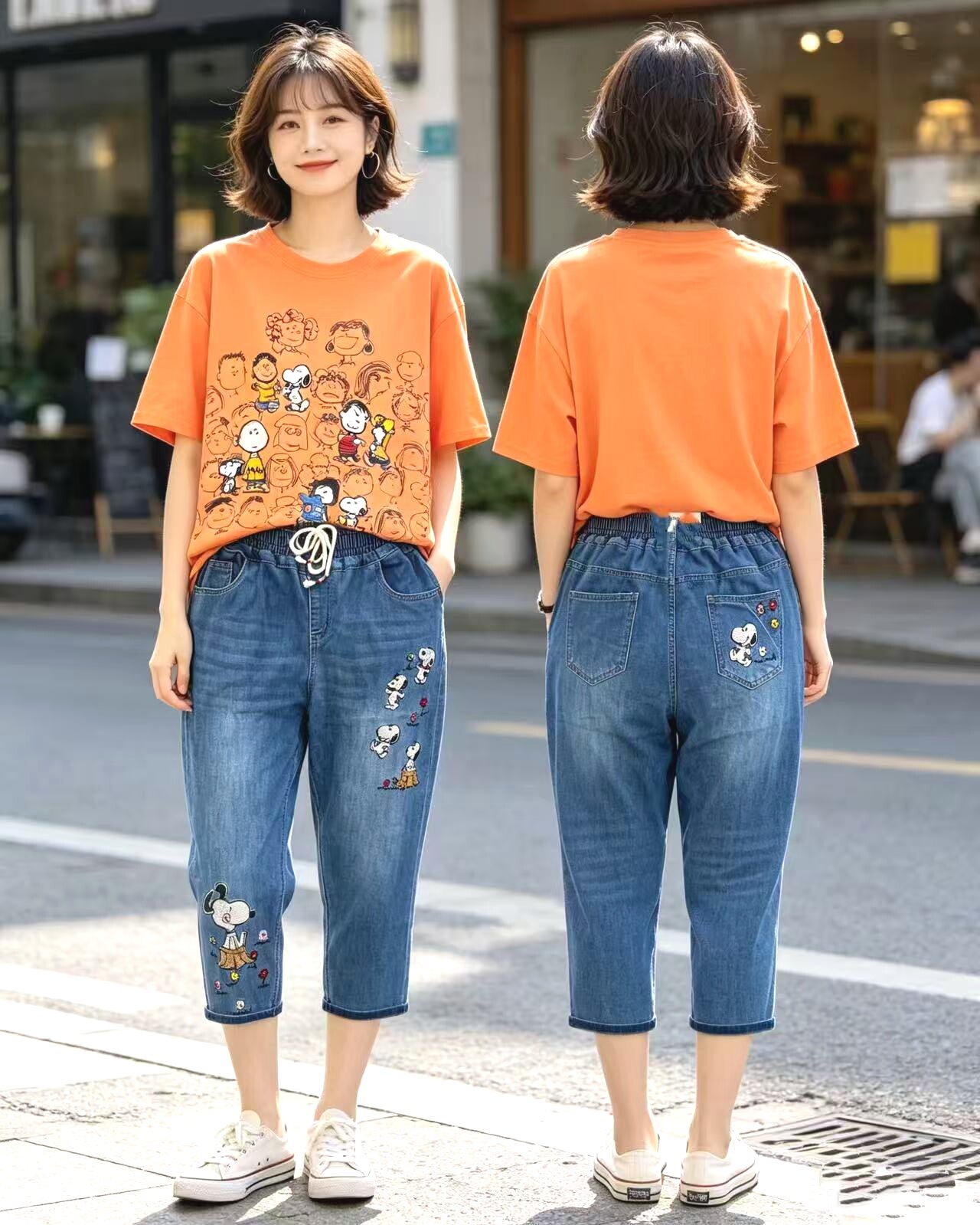 日系卡通刺绣2026夏季新款松紧腰宽松显瘦微弹纯棉七分牛仔裤女潮