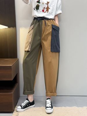 日系小众复古拼接秋季新款宽松休闲减龄个性大口袋全棉工装裤女潮