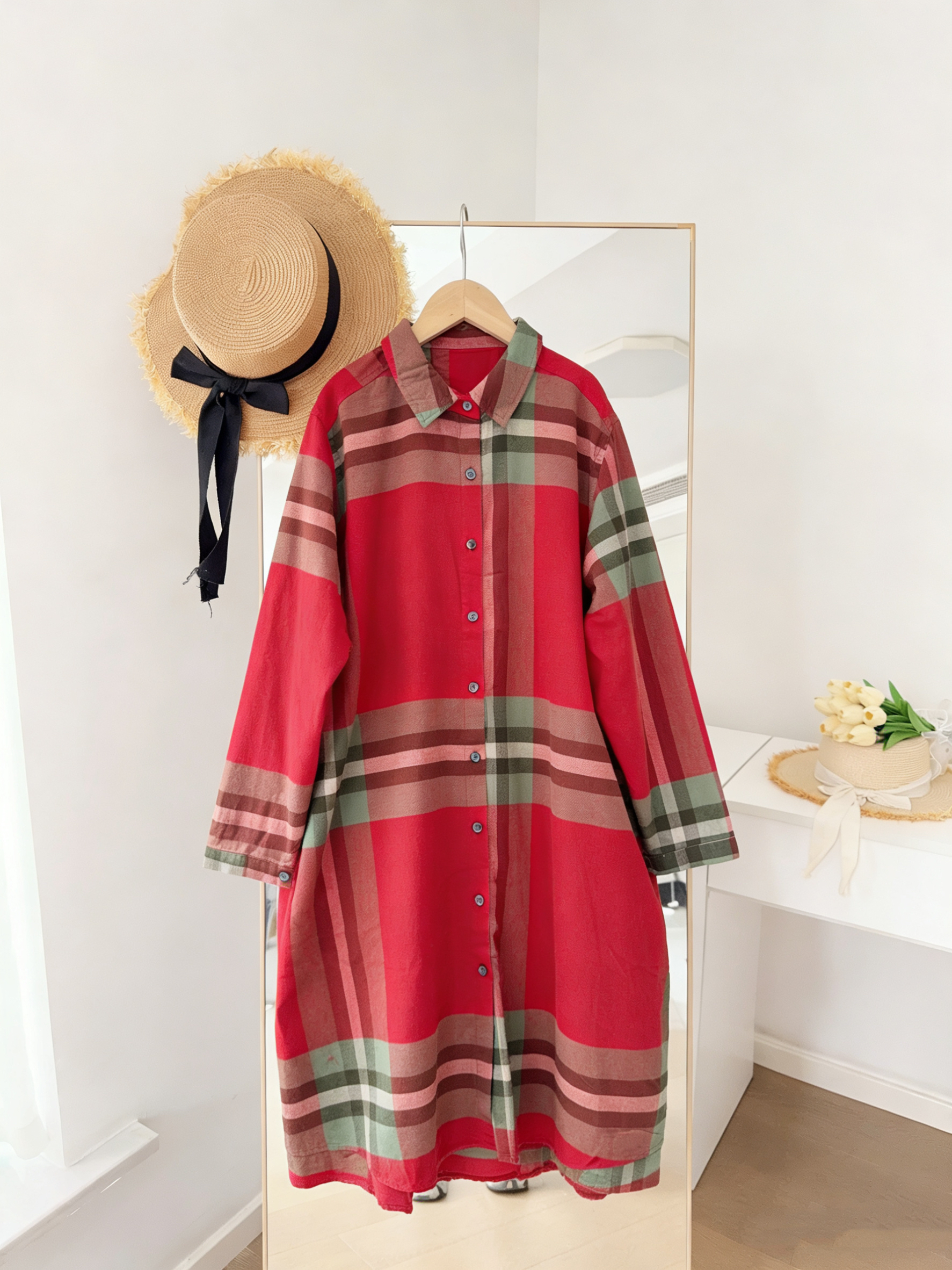 森女系小清新复古文艺格子单排扣中长款宽松休闲纯棉减龄衬衫裙女