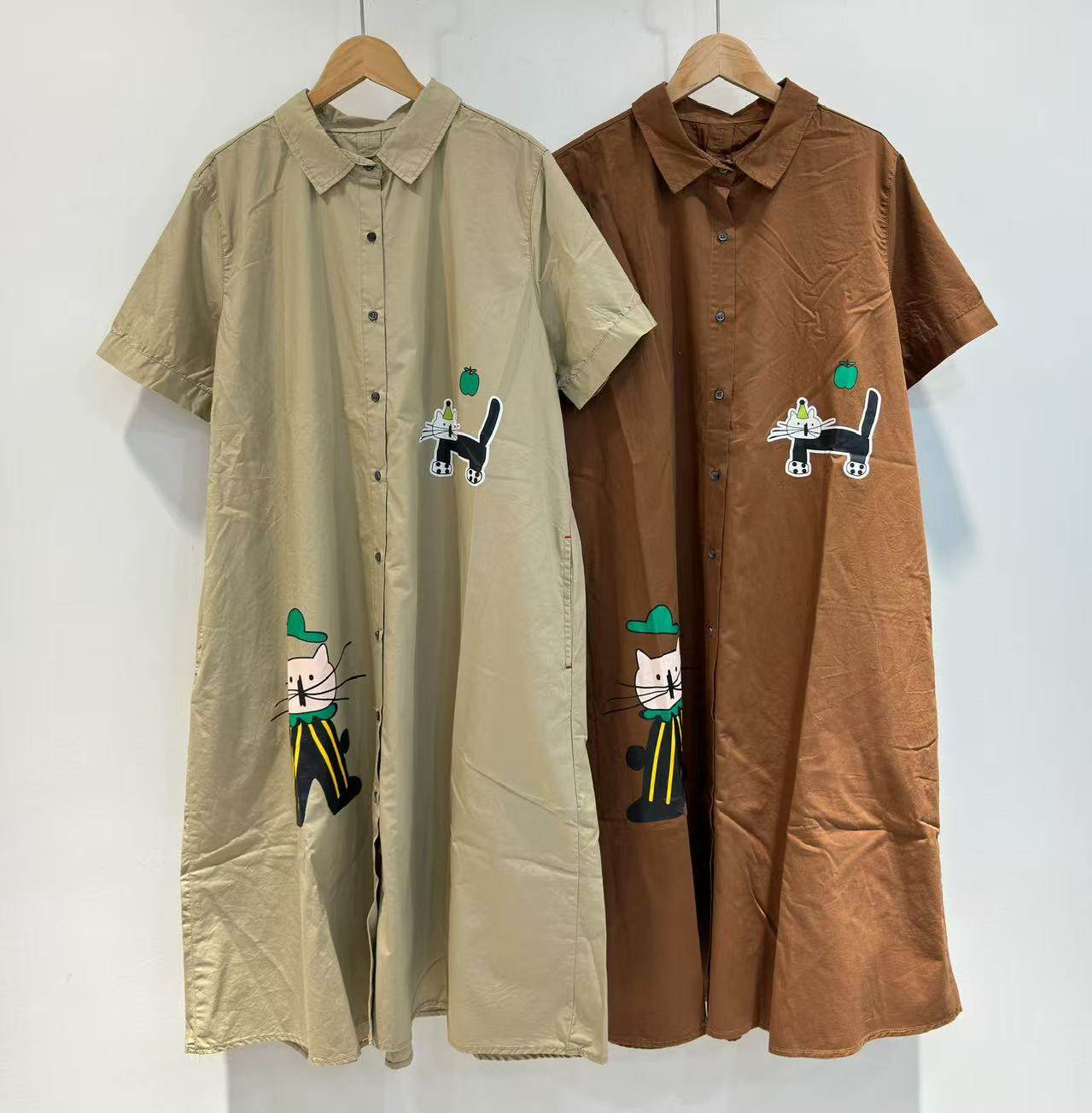 别致卡通小猫印花日系小众纯棉短袖中长款衬衫裙夏季新款宽松休闲