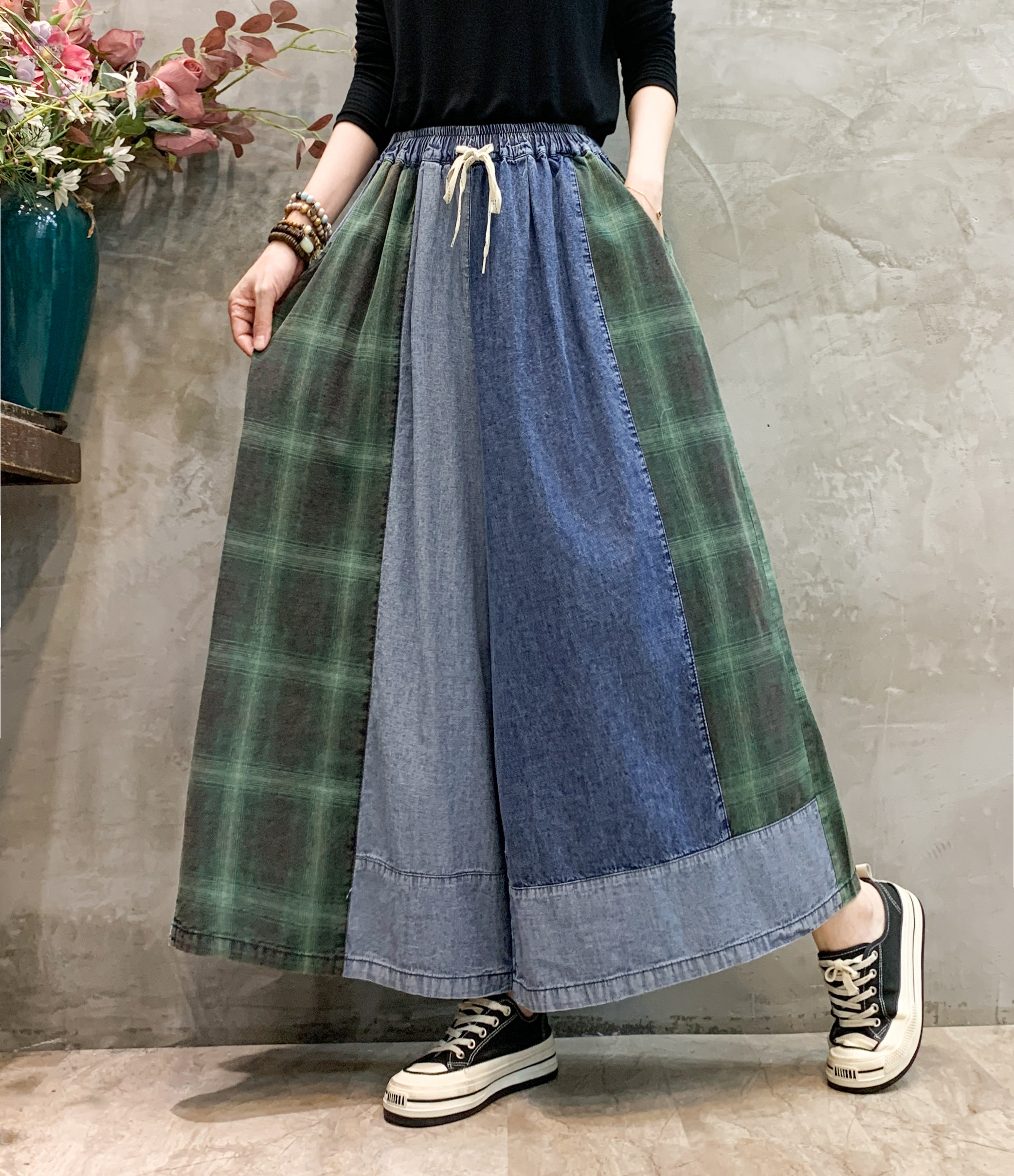 韩版新款秋季女士阔腿裙裤高腰宽松复古拼接牛仔个性大码格子裤潮