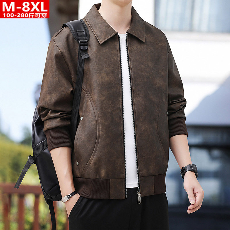 春秋港风男装时尚复古方领机车PU皮衣夹克胖大码加肥宽松休闲外套