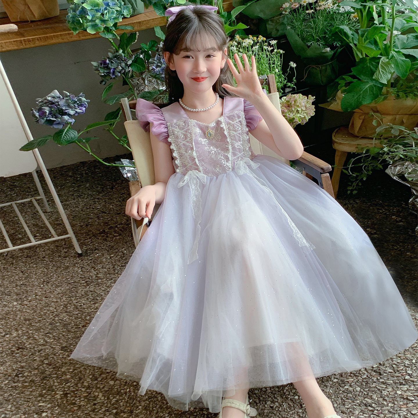 女童公主裙2025新款夏装洋气网纱演出服紫色礼服高级感轻薄连衣裙