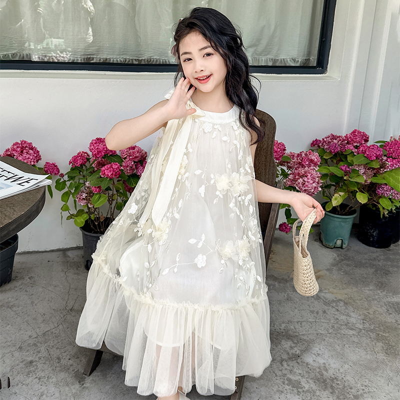 女童夏装碎花连衣裙2025新款儿童洋气网纱公主裙女孩挂脖背心裙子
