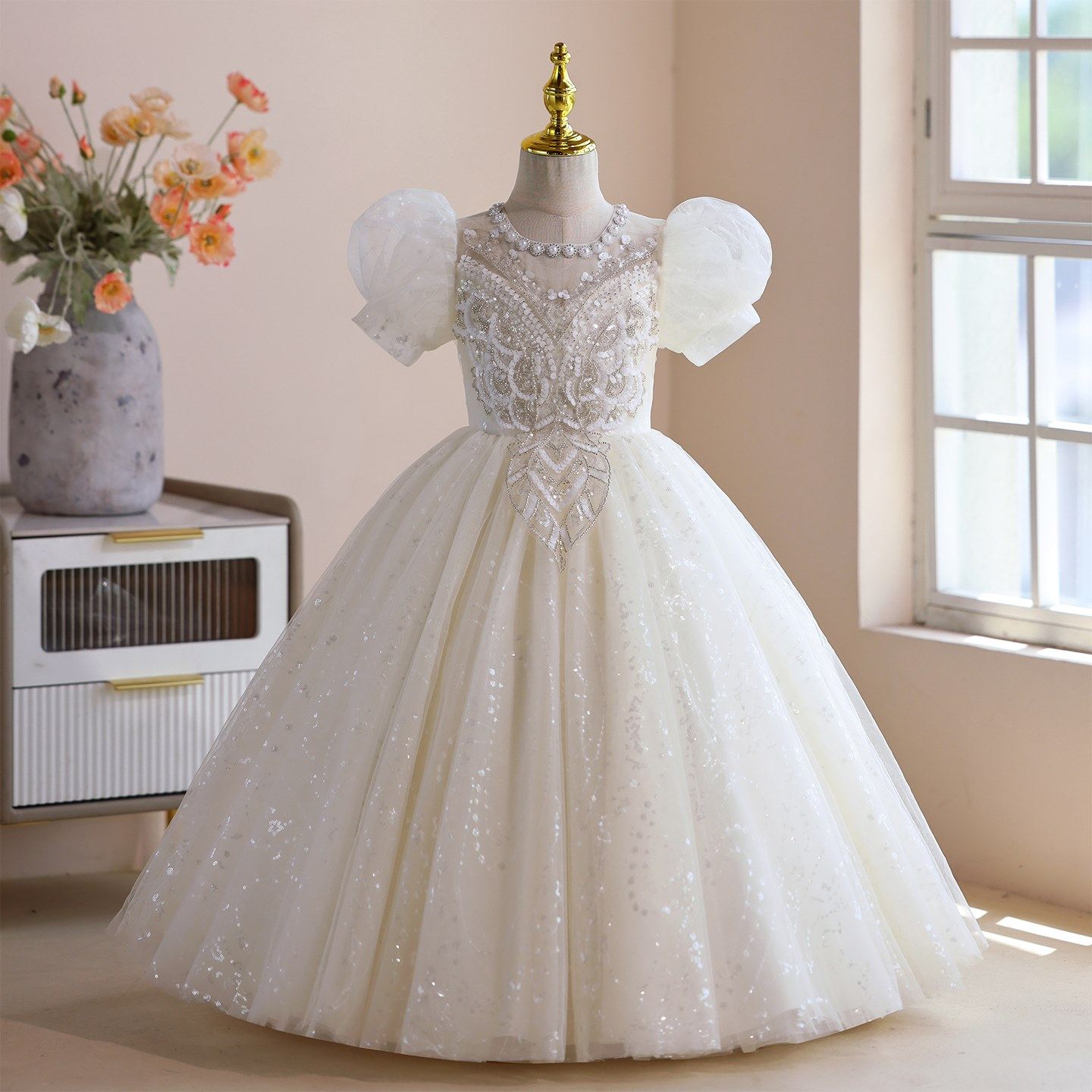 女童高端晚礼服2026夏花童小女孩儿童生日公主裙主持人走秀演出服