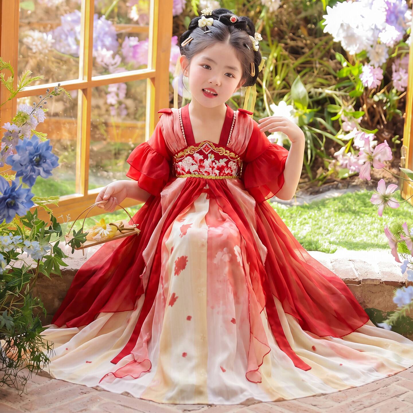 女童汉服夏季超仙红色古装连衣裙儿童装唐装襦裙演出服中国风夏款