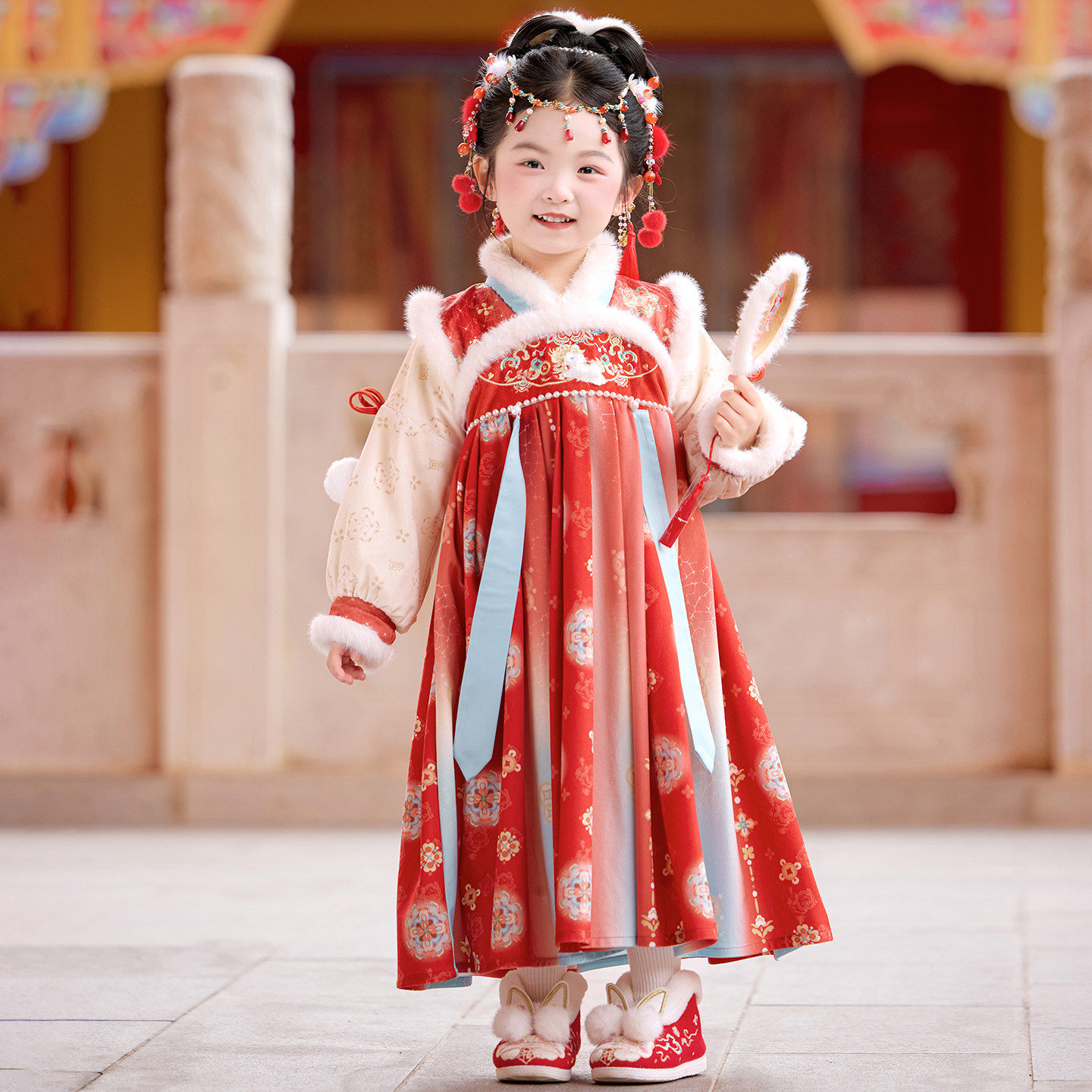 汉服女童2026冬季儿童国风超仙加绒古风襦裙女孩红色连衣裙拜年服