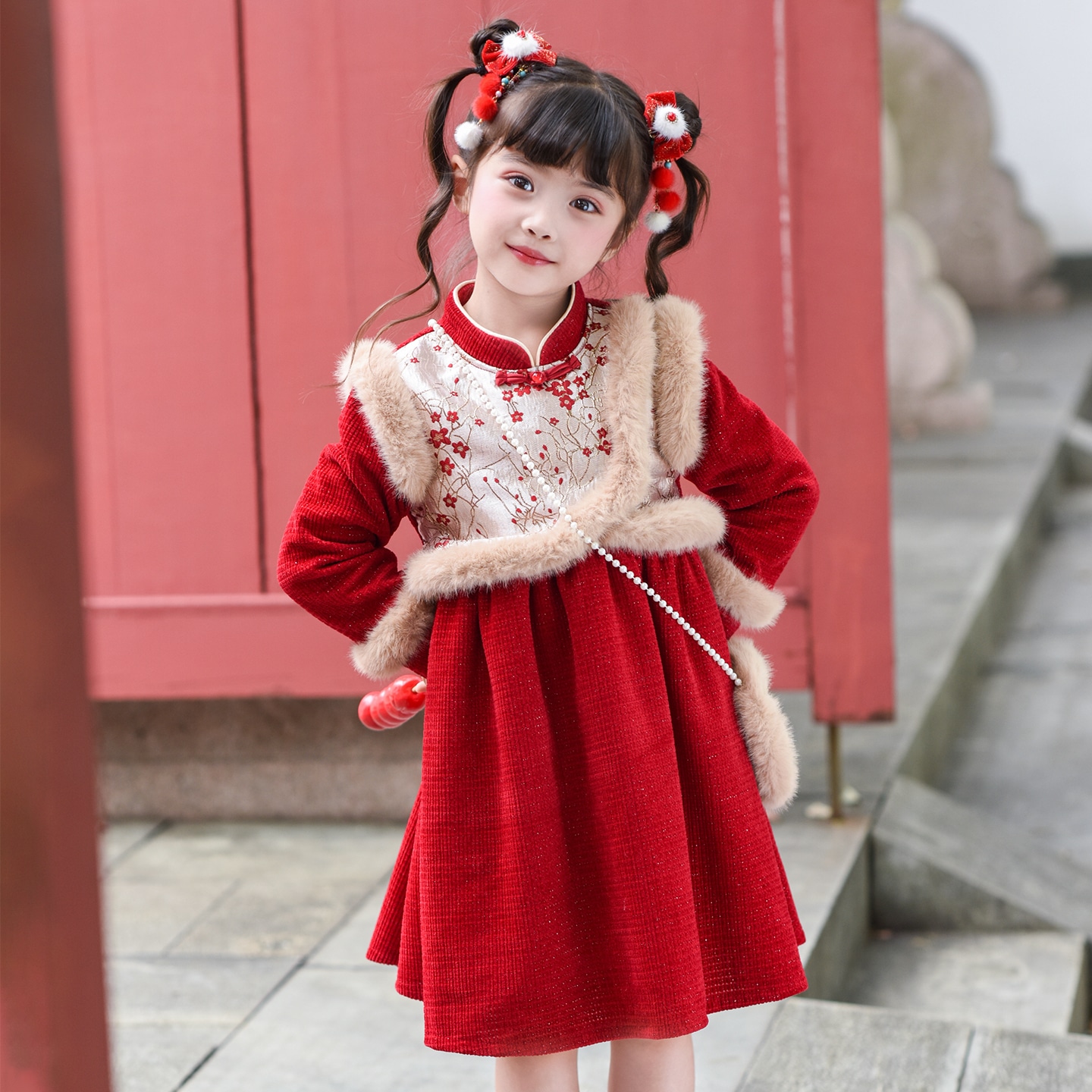 拜年服女童连衣裙秋冬儿童新年公主裙中国风宝宝冬季加绒汉服裙子