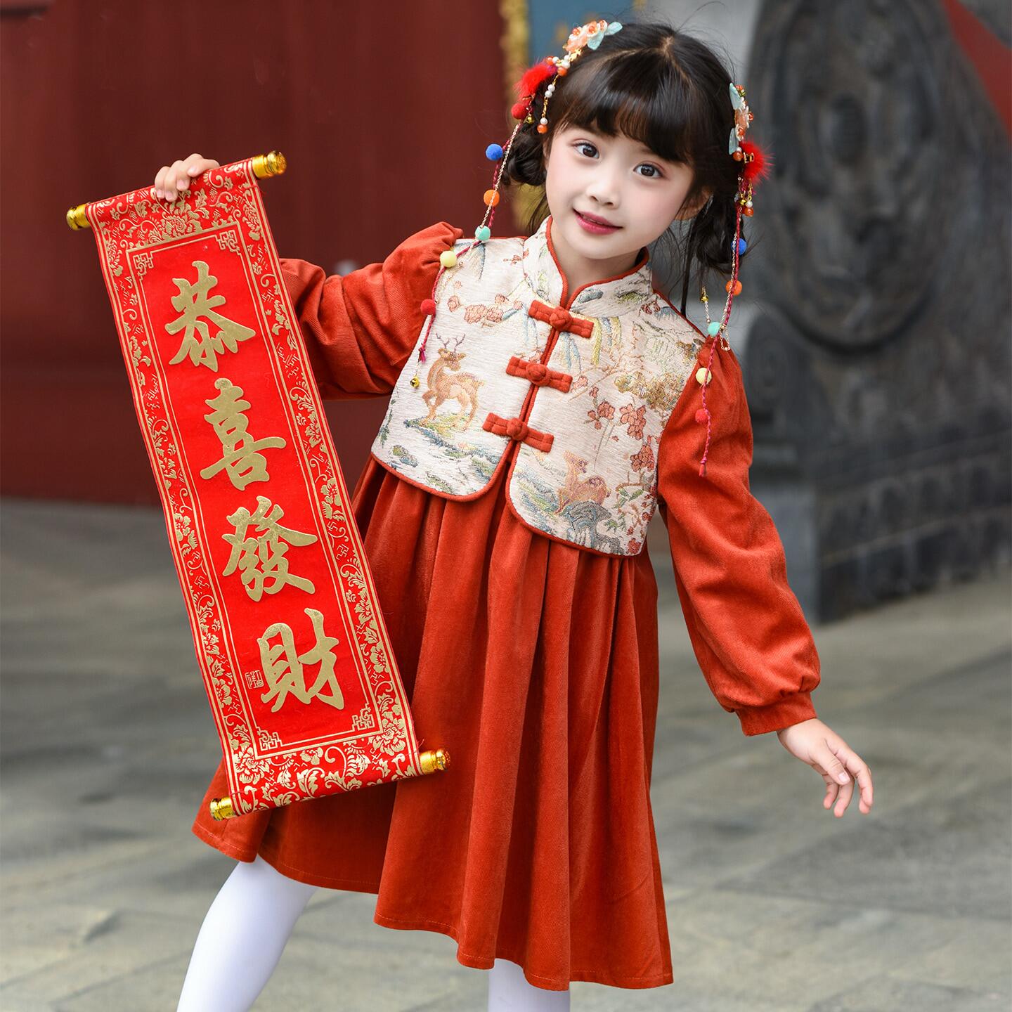 女童连衣裙秋冬2026新款小女孩中国风洋气新年装儿童红色公主裙子