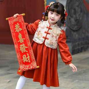女童连衣裙秋冬2025新款小女孩中国风洋气新年装儿童红色公主裙子