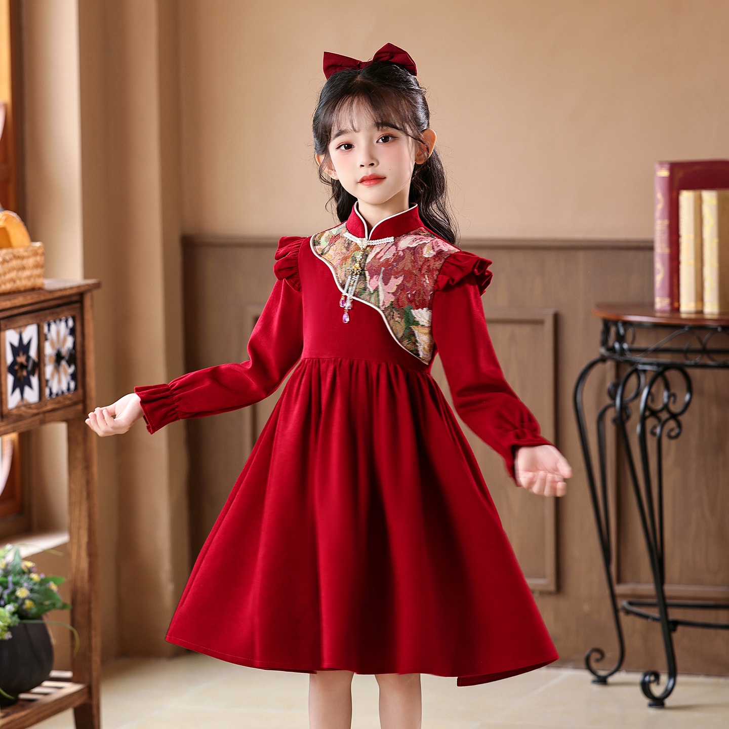 女童连衣裙秋冬2025新款中式长袖红色女孩洋气公主裙儿童国风裙子