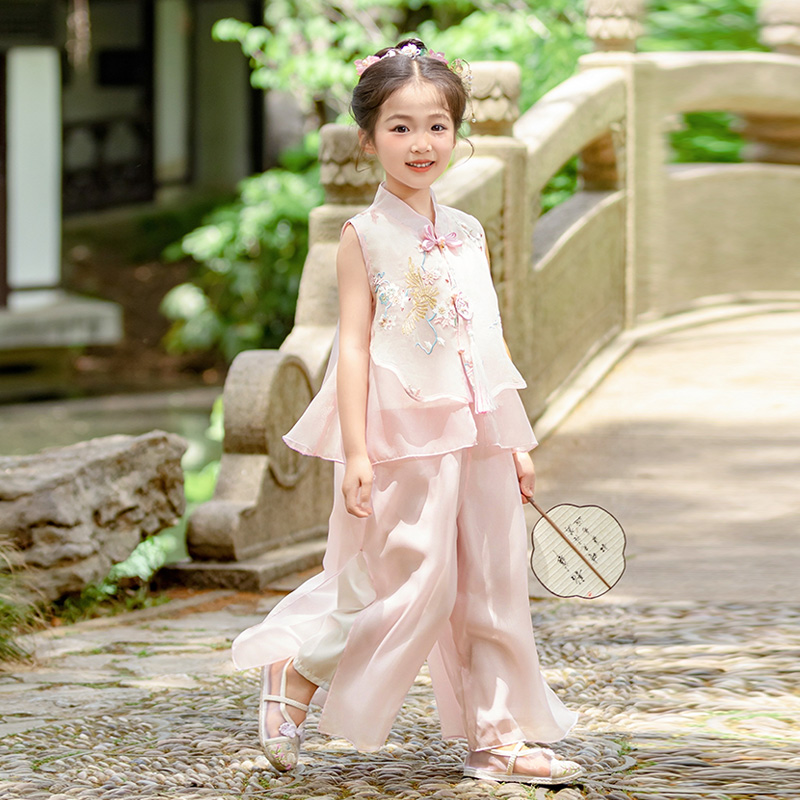 汉服女童无袖古风套装夏2025新款儿童国风马甲两件套宝宝中式衣服