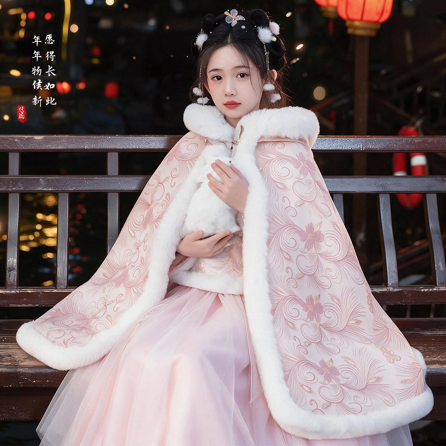 女童秋冬季古装汉服2026新款儿童古风唐装拜年服女孩加厚斗篷披风