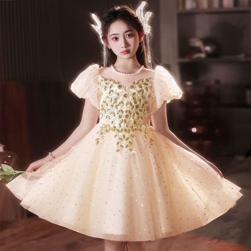 花童婚礼小女孩公主裙女童生日宴晚礼服白纱儿童高端主持人演出服